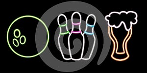 set beer glowing desktop icon, neon bowling ball sticker, neon skittles figure, glowing figure, neon geometrical figures