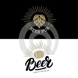 Set of beer hand written lettering logos, labels, badges for beerhouse, brewing company, pub, bar.
