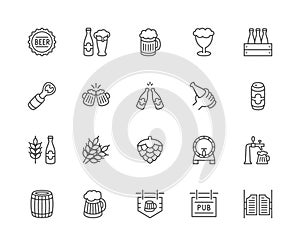 Set of Beer Line Icons. Bottle Cap, Mug, Opener, Wheat Grain, Hop Cone and more.