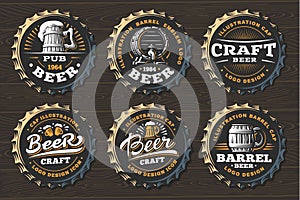 Set beer logo on caps - vector illustration, emblem brewery design