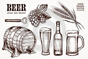 Set of beer objects. Hand drawing set of vector sketches.