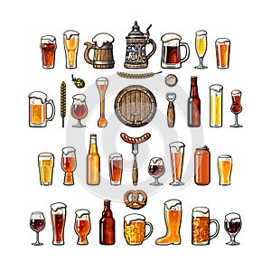 Set of beer objects. Various types of beer glasses and mugs. Vector illustration