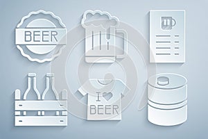 Set Beer T-shirt, menu, Pack of beer bottles, Metal keg, Wooden mug and Bottle cap with icon. Vector