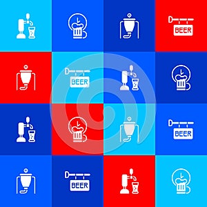 Set Beer tap with glass, Happy hour, brewing process and Street signboard icon. Vector