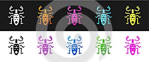 Set Beetle deer icon isolated on black and white background. Horned beetle. Big insect. Vector