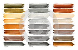 Set of beige, brown and gray neutral watercolor brushstroke smear blots. Abstract background