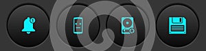 Set Bell, Dead mobile, Hard disk drive HDD sync refresh and Floppy icon. Vector