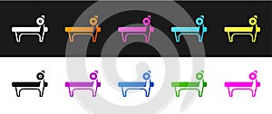 Set Bench with barbel icon isolated on black and white background. Gym equipment. Bodybuilding, powerlifting, fitness