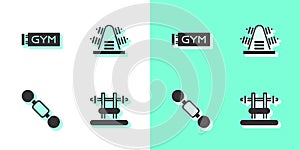 Set Bench with barbel, Location gym, Dumbbell and Metal rack weights icon. Vector