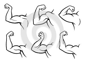 Set of bent arms with contracted biceps, muscles or muscular body parts