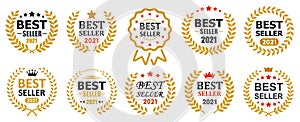 Set best seller icon design with laurel, best seller badge logo isolated - vector