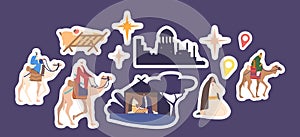 Set of Biblical Stickers Magi Characters On Camels Travel By Night To Visit Baby Jesus. Religious Christmas Patches