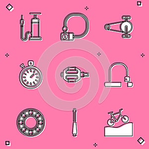 Set Bicycle air pump, lock, chain with gear, Stopwatch, pedal, ball bearing and Screwdriver icon. Vector
