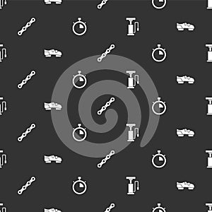 Set Bicycle air pump, shoes, chain and Stopwatch on seamless pattern. Vector