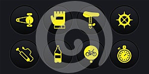 Set Bicycle air pump, sprocket crank, Sport bottle with water, seat, Gloves, Stopwatch and chain gear icon. Vector