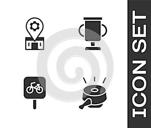 Set Bicycle bell, repair service, parking and Award cup with bicycle icon. Vector