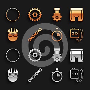 Set Bicycle chain, Cycling shorts, Stopwatch, helmet, Derailleur bicycle rear, wheel and cassette icon. Vector