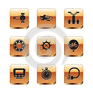 Set Bicycle chain with gear, speedometer, Stopwatch, sprocket crank, ball bearing, for kids, lock and shoes icon. Vector