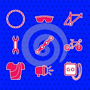 Set Bicycle chain, head lamp, Stopwatch, Cycling t-shirt, Wrench spanner, frame and wheel icon. Vector
