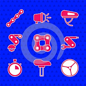 Set Bicycle chain, seat, wheel, Swiss army knife, Stopwatch, Derailleur bicycle rear, helmet and icon. Vector