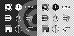 Set Bicycle chain, sprocket crank, Ribbon finishing line, Cycling shorts, wheel, frame, pedal and Stopwatch icon. Vector