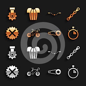 Set Bicycle, chain, Stopwatch, with gear, sprocket crank, handlebar, Derailleur bicycle rear and Cycling t-shirt icon