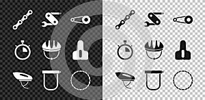 Set Bicycle chain, Swiss army knife, with gear, helmet, lock, wheel, Stopwatch and icon. Vector