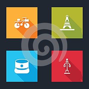 Set Bicycle, Eiffel tower, Kepi and Street light icon. Vector