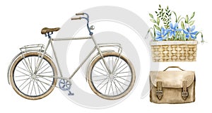 Set with Bicycle, Flowers in wicker basket and leather vintage bag. Hand drawn watercolor illustration of retro city