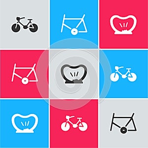 Set Bicycle, frame and punctured tire icon. Vector