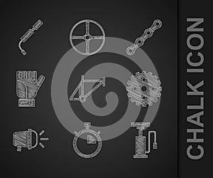 Set Bicycle frame, Stopwatch, air pump, sprocket crank, head lamp, Gloves, chain and icon. Vector