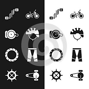 Set Bicycle helmet, bell, pedals, wheel tire, Cycling shorts, chain with gear and sprocket crank icon. Vector