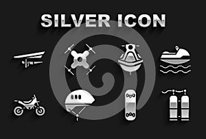 Set Bicycle helmet, Jet ski, Aqualung, Skateboard trick, Mountain bike, Hang glider and Drone flying icon. Vector