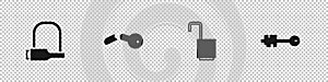 Set Bicycle lock, Broken key, Open padlock and Old icon. Vector