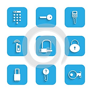 Set Bicycle lock, Undefined key, Key, Lock, Car with remote, and Password protection icon. Vector