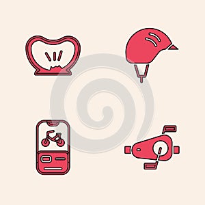 Set Bicycle pedals, punctured tire, helmet and rental mobile app icon. Vector