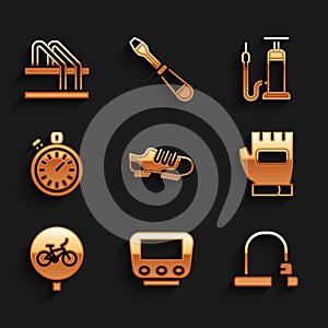 Set Bicycle shoes, speedometer, lock, Gloves, Stopwatch, air pump and parking icon. Vector