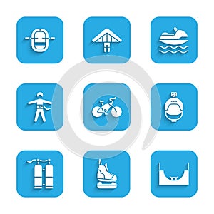 Set Bicycle, Skates, park, Helmet and action camera, Aqualung, Bungee jumping, Jet ski and Rafting boat icon. Vector