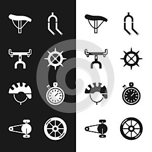 Set Bicycle sprocket crank, handlebar, seat, fork, helmet, Stopwatch, wheel and chain with gear icon. Vector