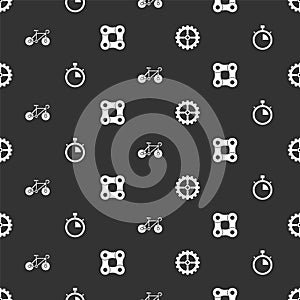 Set Bicycle sprocket crank, Stopwatch, and chain on seamless pattern. Vector