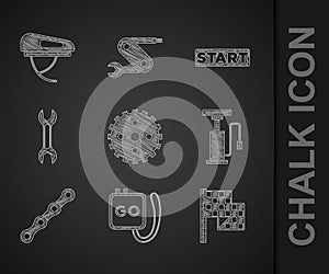 Set Bicycle sprocket crank, Stopwatch, Checkered flag, air pump, chain, Wrench spanner, Ribbon finishing line and helmet