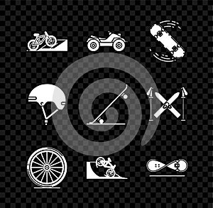Set Bicycle on street ramp, All Terrain Vehicle or ATV motorcycle, Skateboard trick, wheel, Helmet and icon. Vector