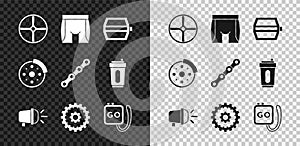 Set Bicycle wheel, Cycling shorts, pedal, head lamp, cassette, Stopwatch, brake disc and chain icon. Vector