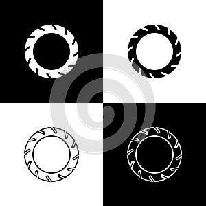 Set Bicycle wheel tire icon isolated on black and white background. Bike race. Extreme sport. Sport equipment. Vector