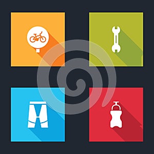 Set Bicycle, Wrench spanner, Cycling shorts and Sport bottle with water icon. Vector