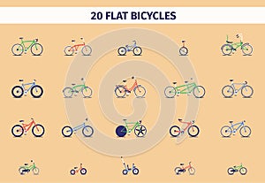 Set of bicycles in flat style. City bike, BMX, downhill, folding bike, fixed gear, rastabike, fatbike, sport bike. Kids bikes.