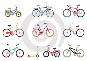 Set of bicycles in a flat style isolated on white background. Bike for man, woman, boy, girl. Bike icon vector.