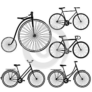 Set of bicycles silhouette on white background