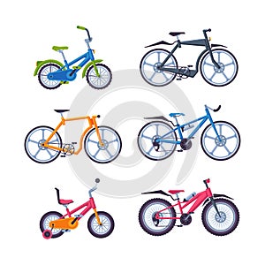 Set of bicycles. Urban and sport eco friendly transport cartoon vector illustration