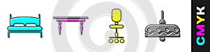 Set Big bed, Wooden table, Office chair and Chandelier icon. Vector.